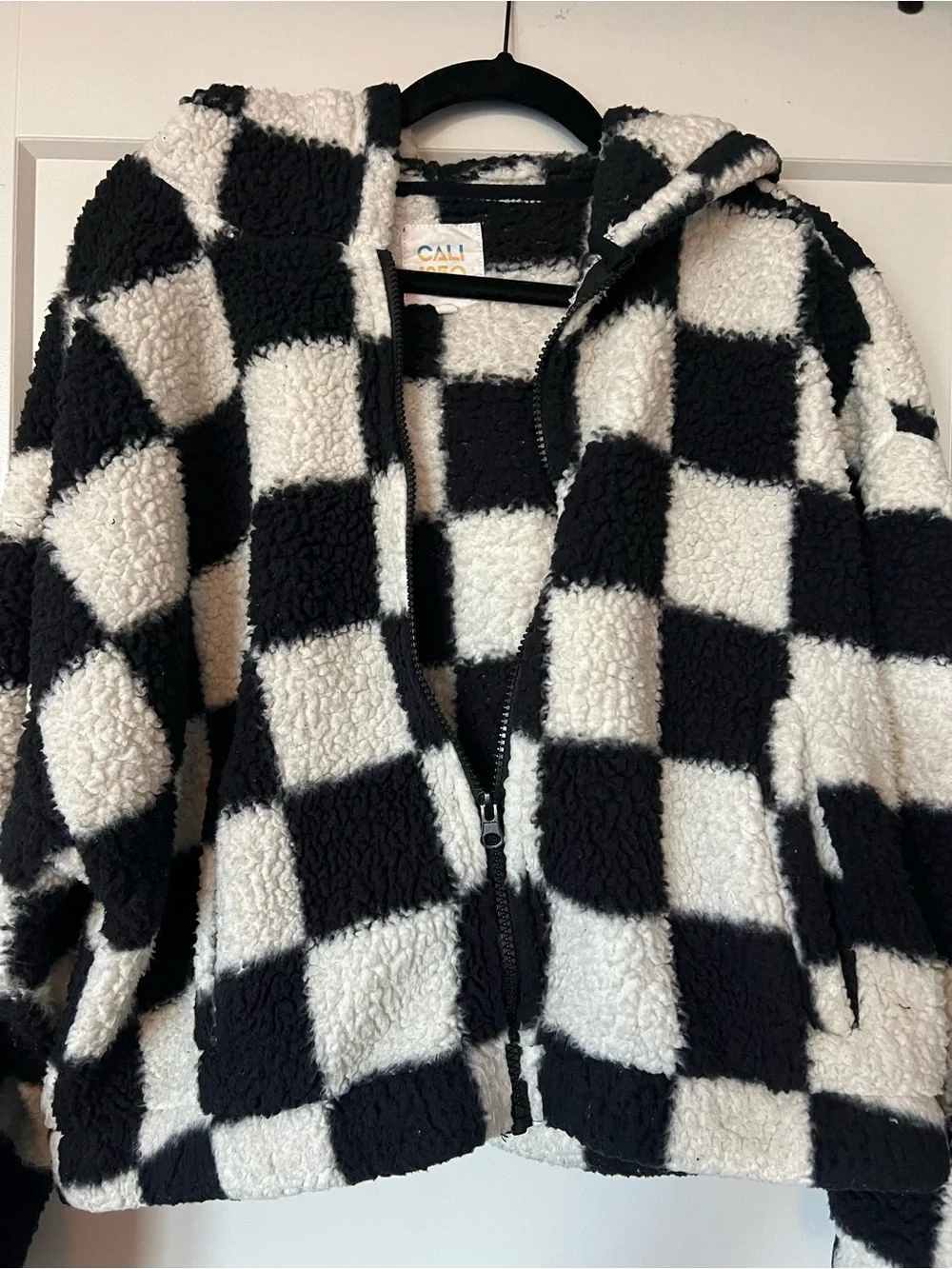 Juniors Checkered Sherpa Zip Hoodie Jacket